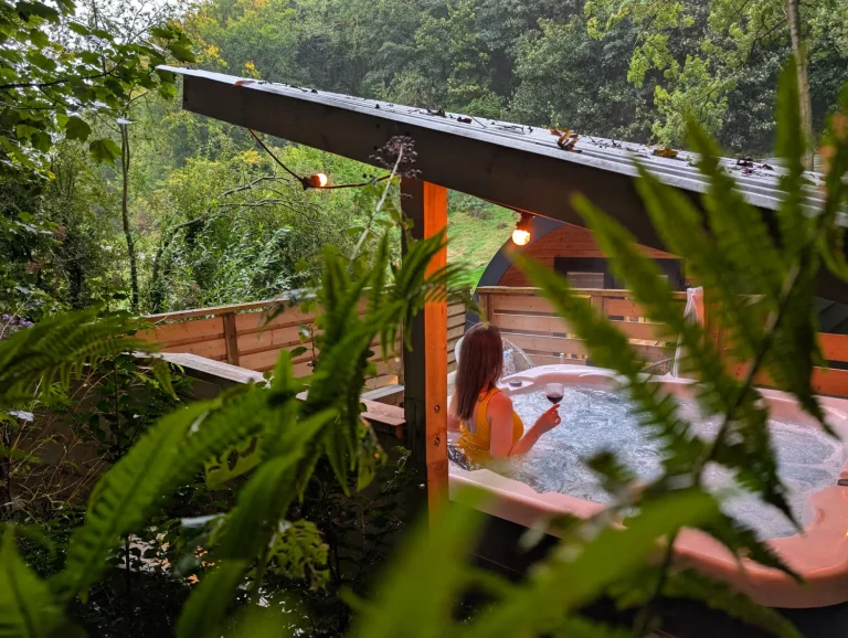 Little Big Lodge spa hot tub. A glamping experience on the edge of a woodland. Here is Scarborough, North Yorkshire.